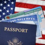 United States passport, social security card and resident card over american flag. Immigration concept United States passport, social security card and resident card over american flag. Immigration concept