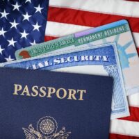 United States passport, social security card and resident card over american flag. Immigration concept
